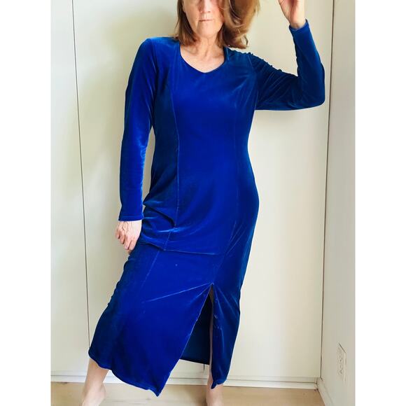 Vintage 90s Velvet Maxi Dress Womens Size Large Fitted Blue Velvet Long Sleeve - Picture 1 of 8